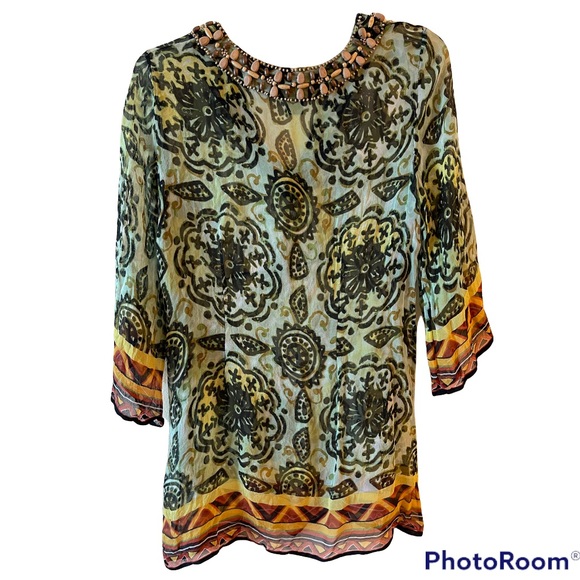 Boston Proper Green Silk Medallion Wooden Beaded Tunic Cover Up M - Picture 2 of 8